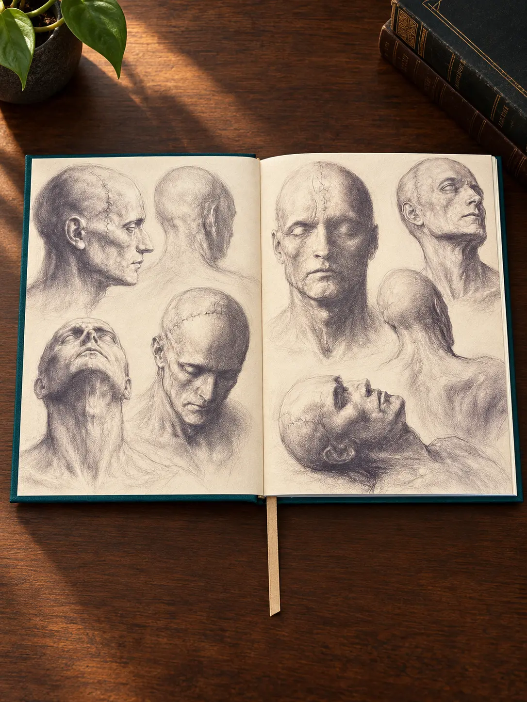 Open Frankenstein edition showing pencil studies of the Creature’s head from multiple angles